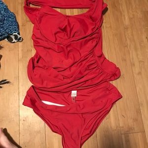 Red one shoulder bathing suit set